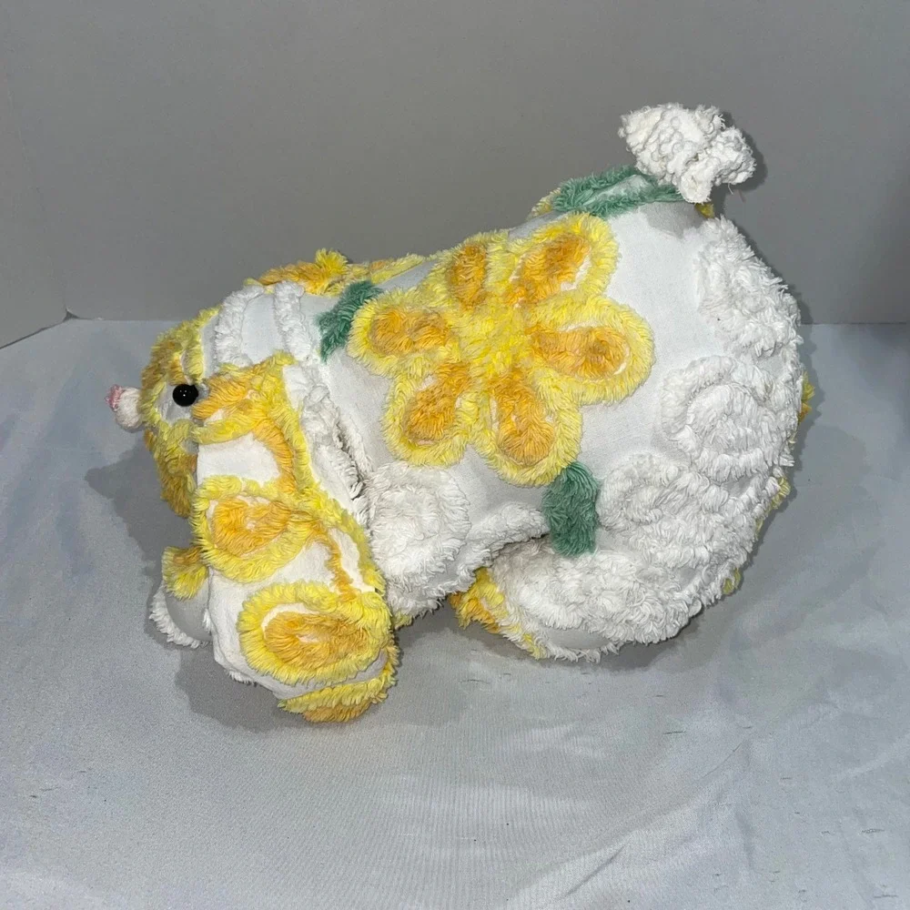 Vintage Chenille Bunny Rabbit Plush Yellow Floral Tufted Stuffed Animal Easter